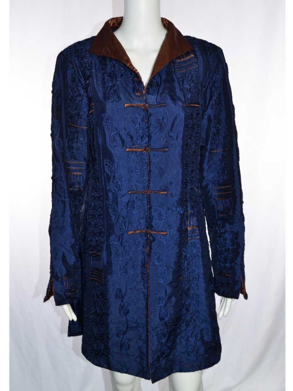 Modern Chinese Tang Jacket Blue Satin Embroidered Bronze Mandarin Collar/Cuffs L